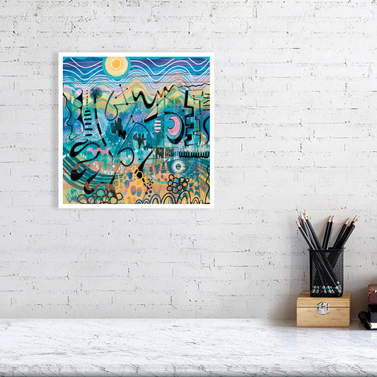 Medium unframed abstract art print 'Seashore Dance' by UK artist Ruth Dronsfield. Vibrant coastal colours of teal, blue and ochre on premium giclée paper. 32cm x 32cm.
