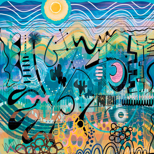 Abstract modern art print featuring vibrant turquoise, teal, and golden tones with bold black linework, geometric shapes, and organic patterns. A radiant sun with flowing wave-like lines crowns the composition, while layered textures and dynamic brushstrokes create movement and energy.”