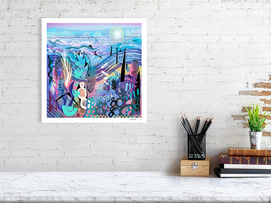 A contemporary abstract art print by Ruth Dronsfield. This intricate Giclée piece, featuring layers of teal, purple, and blue organic and geometric shapes under a glowing sun, is a limited edition digital creation from the artist's UK studio.