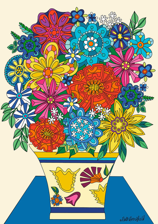 art work of a Colorful bouquet of flowers in a vase on a beige background