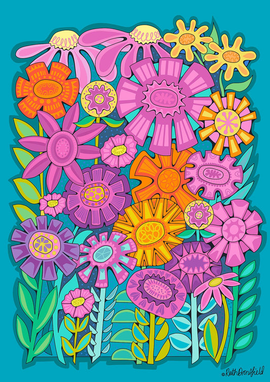 a colourful stylised artwork of bold flowers in shades of pink, purple and orange on a teal blue background