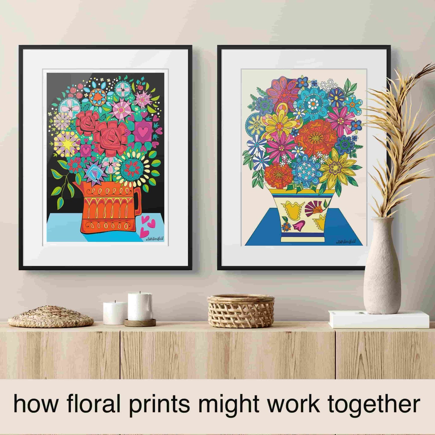 Two colorful floral prints on a wall above a wooden shelf with decorative items.