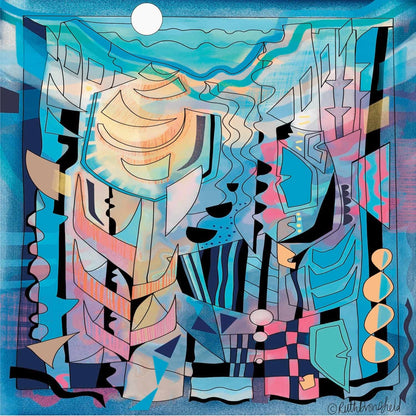 AGLOW abstract  fine art print by Uk contemporary artist Ruth Dronsfield – cool blues, teals and purples with warm luminous tones of  pink and coral -layered and vibrant forms create a sense of movement in an invented landscape under a moon shape.Created from her original iPad painting and reproduced as a giclée fine art open edition print.