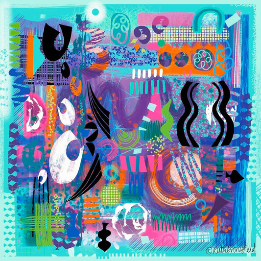 Abstract modern art print by experienced artist Ruth Dronsfield -in turquoise, purple, green,orange and pink with black and white details. Layered and intricate . Called Afloat