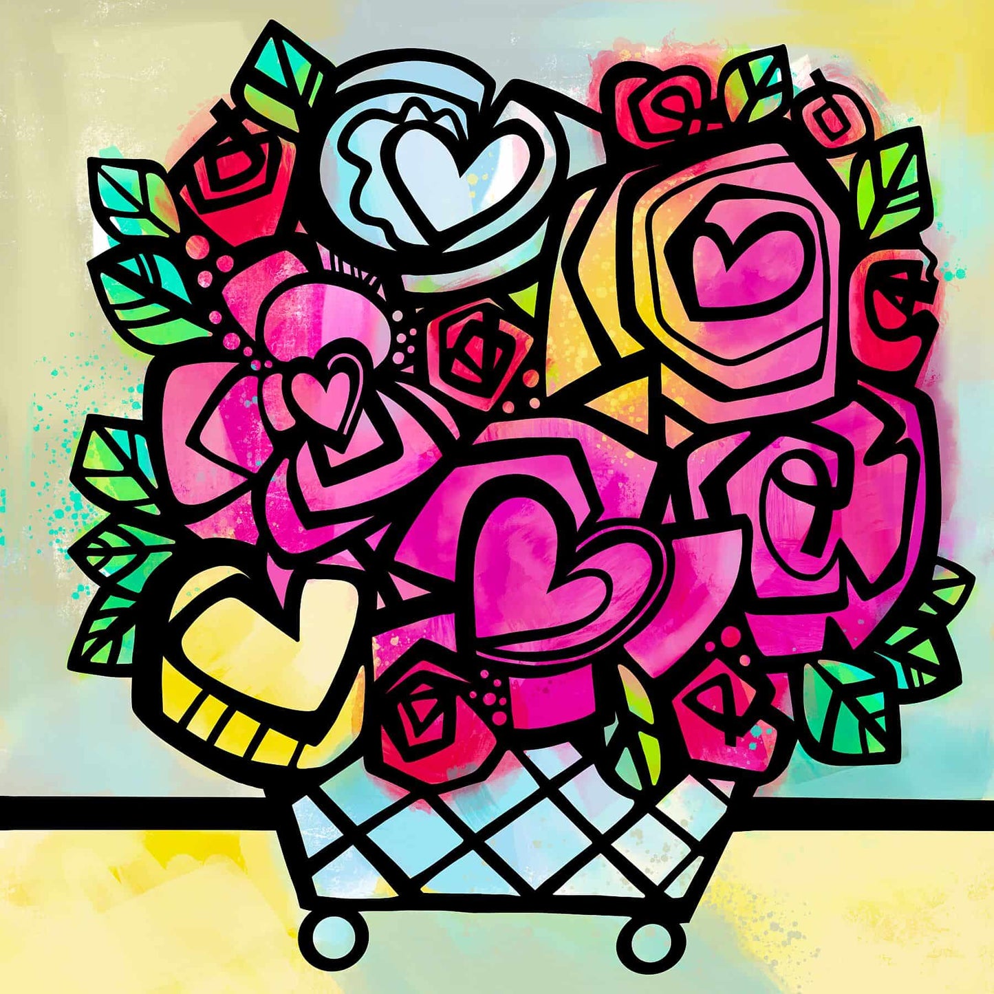 Colorful heart and flower design with a basket on a multicolored background