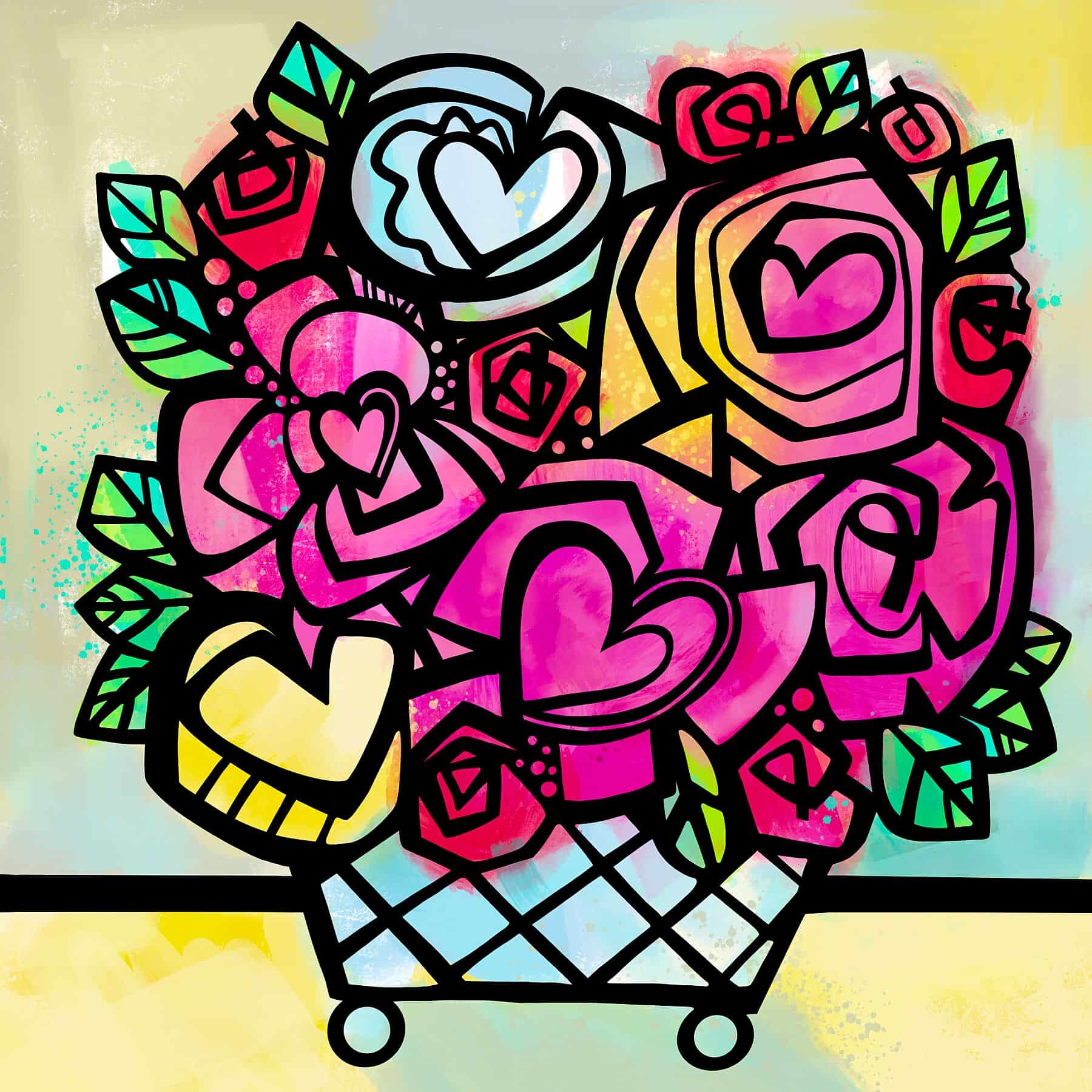 Colorful heart and flower design with a basket on a multicolored background