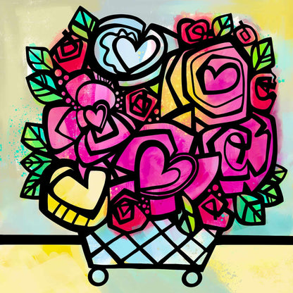 Colorful heart and flower design with a basket on a multicolored background