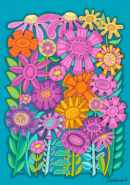  a colourful stylised artwork of bold flowers in shades of pink, purple and orange on a teal blue background