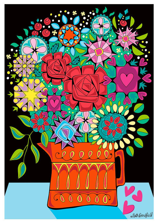 a colourful composition of stylised flowers in an orange patterned jug on a blue surface with a black background