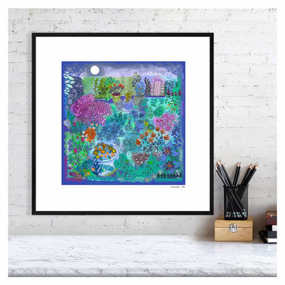 Colourful stylised garden themed artwork as giclee print framed in black. From Uk artist Ruth Dronsfield. Shades of purple, green, pinkswith colourful plant, shed, moon and hedgehog details