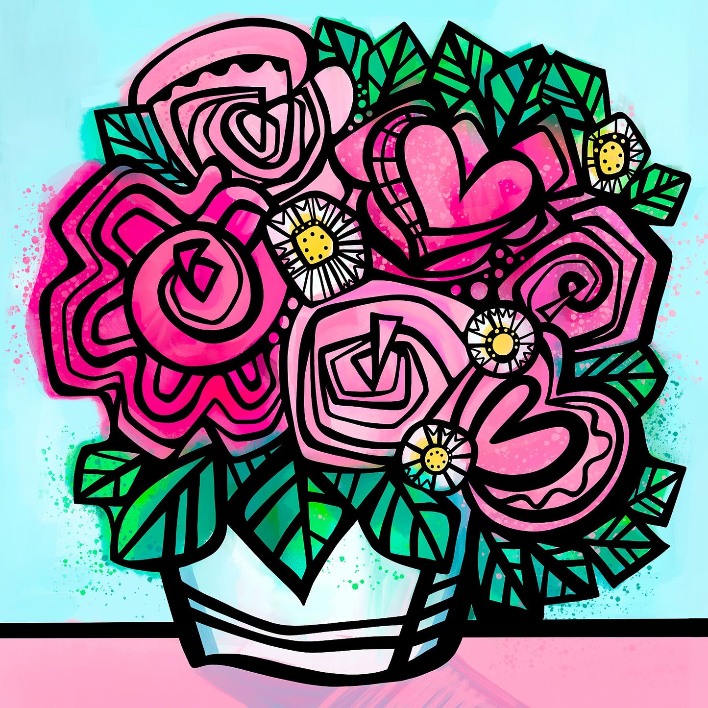 Bold and colourful abstract floral artwork by Uk artist Ruth Dronsfield