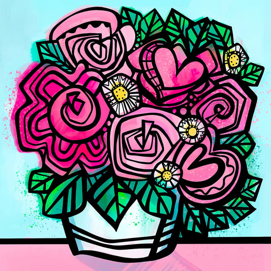 Bold and colourful abstract floral artwork by Uk artist Ruth Dronsfield