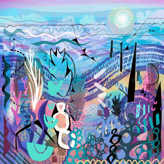 A contemporary abstract art print by Ruth Dronsfield. This intricate abstract piece, featuring layers of teal, purple, and blue organic and geometric shapes under a glowing sun, is a limited edition digital creation from the artist's UK studio.