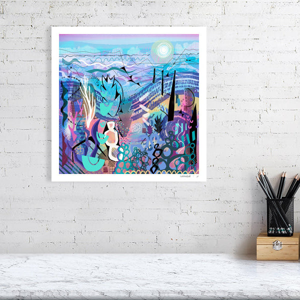 A contemporary abstract art print by Ruth Dronsfield. This intricate Giclée piece, featuring layers of teal, purple, and blue organic and geometric shapes under a glowing sun, is a limited edition digital creation from the artist's UK studio.