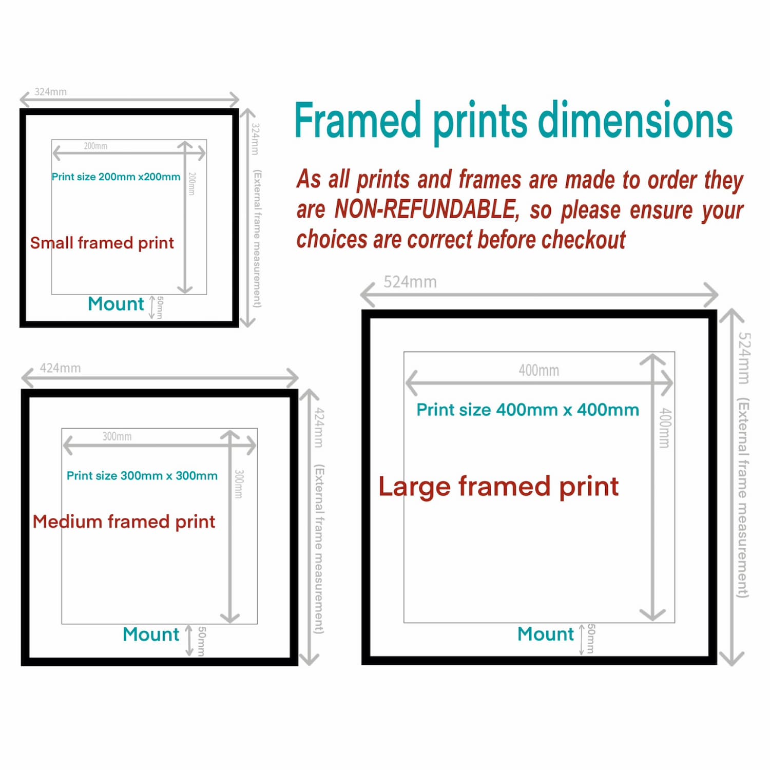 Diagram showing framed print dimensions for framed prints from the ‘Colourful Abstracts’ collection on www.ruthdronsfield.com