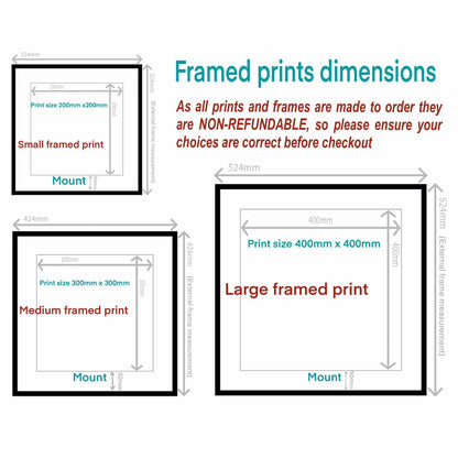 Diagram showing framed print dimensions for framed prints from the ‘Colourful Abstracts’ collection on www.ruthdronsfield.com