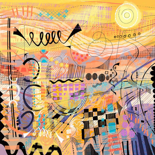 Sunburst: A limited edition abstract art print by UK artist Ruth Dronsfield. The piece features intricate layers of yellow and orange with colourful geometric details and a glowing sun motif, created in a fine art Giclée print
