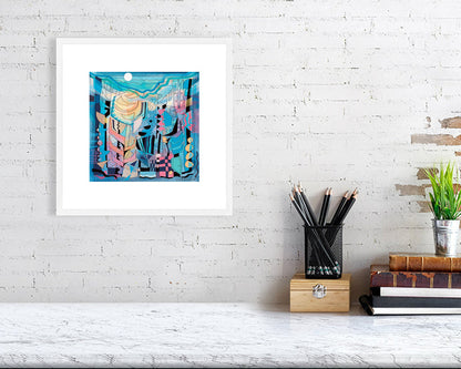 'Aglow' giclee abstract wallart print by Uk artist Ruth Dronsfield. In white frame on white brick wall