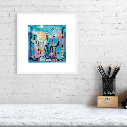 'Aglow' giclee abstract wallart print by Uk artist Ruth Dronsfield. In white frame on white brick wall