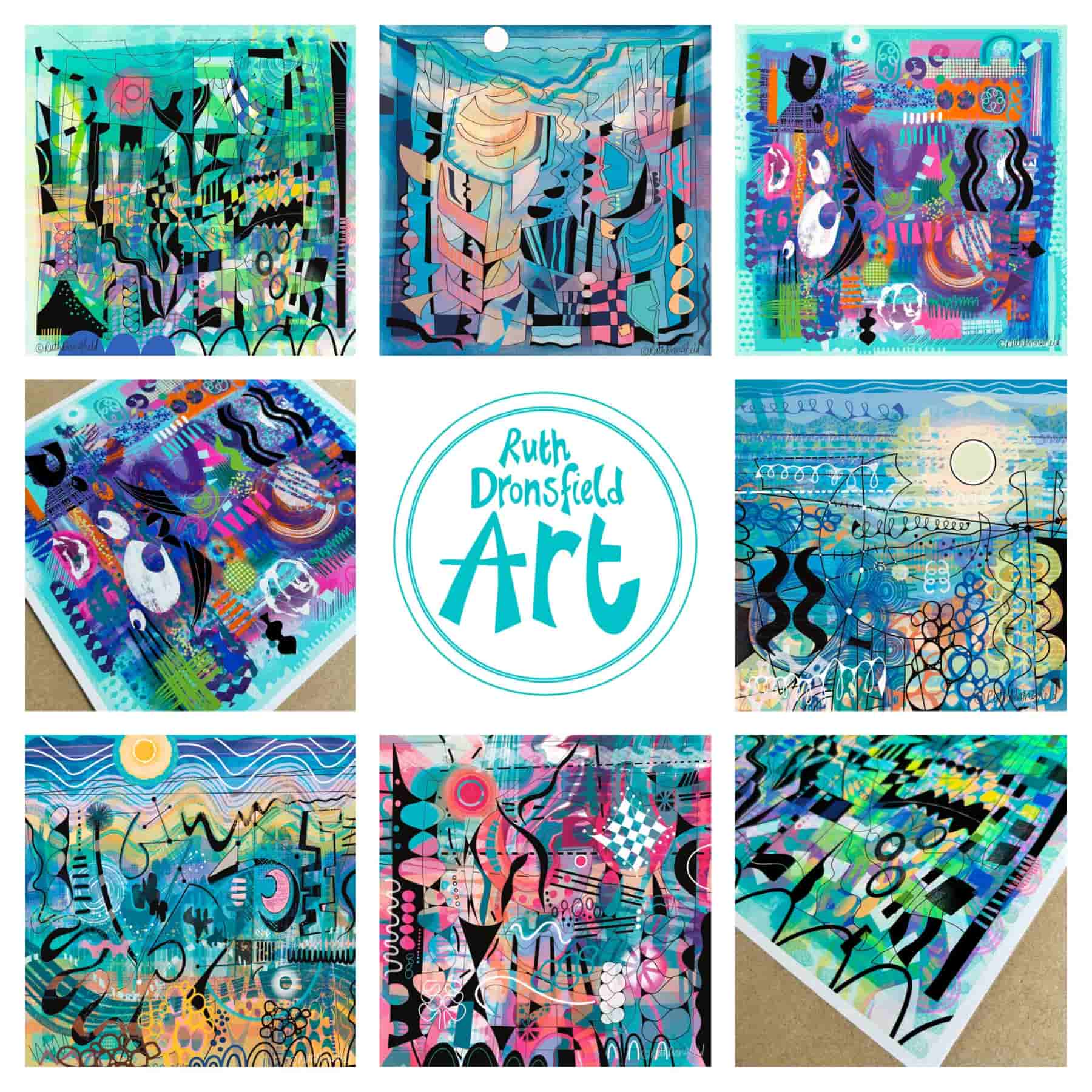 collage of abstract art prints with brand logo by UK artist Ruth Dronsfield