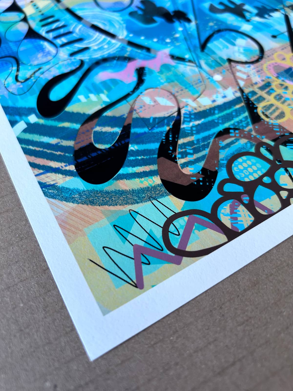 detail of a corner of giclee art print by UK artist Ruth Dronsfield showing paper quality