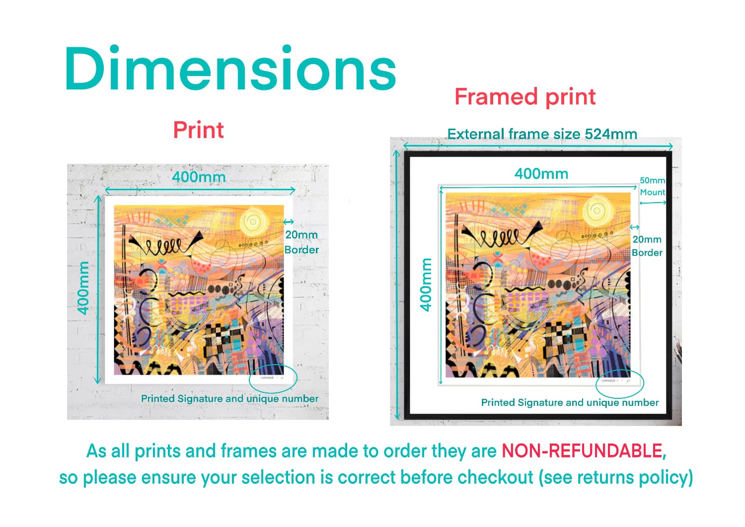 Dimensions of a print and framed print  and text about non-refundable orders for 'Sunburst' by UK artist Ruth Dronsfield