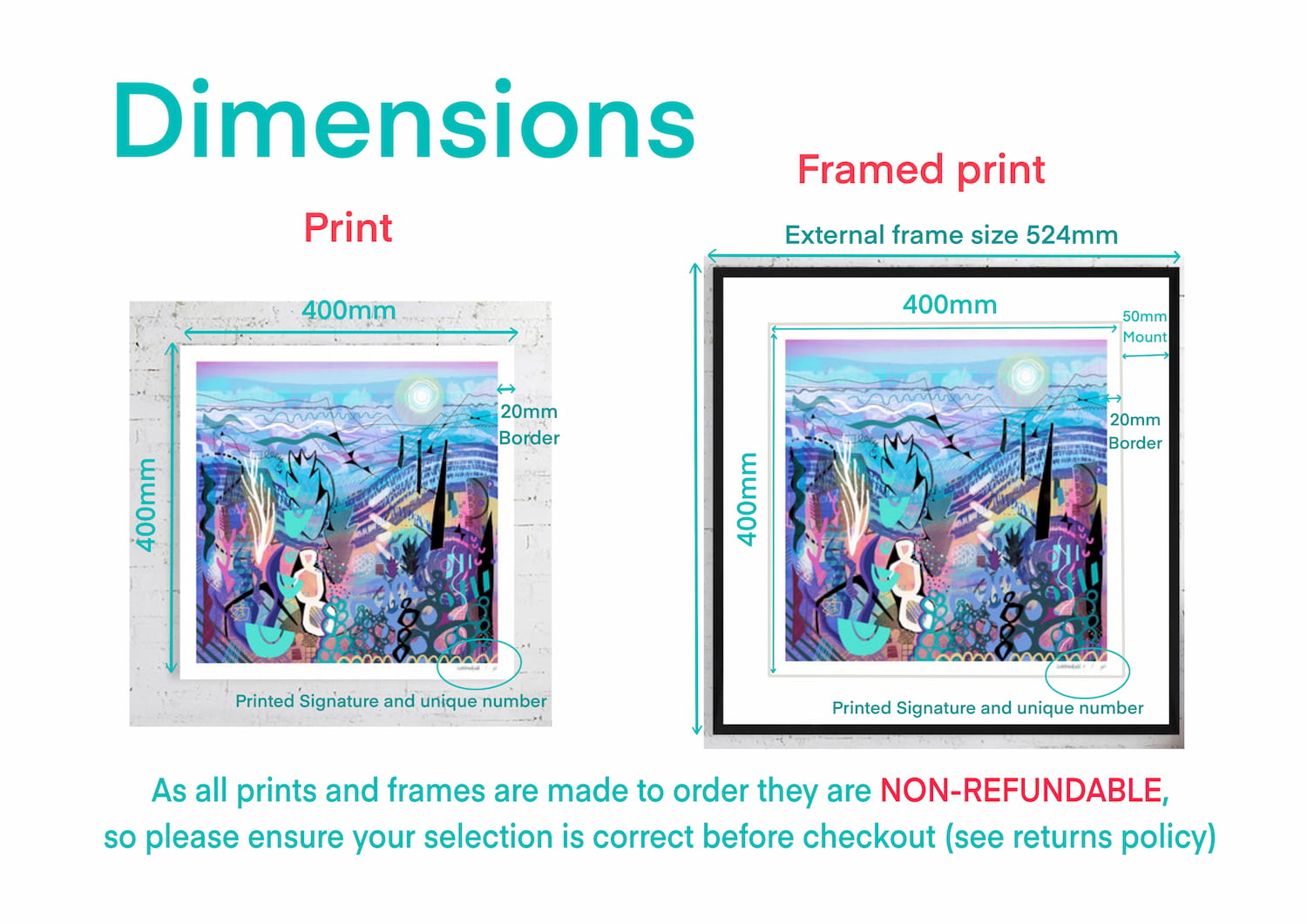 Comparison of print and framed print dimensions for 'Mauve' art print by UK artist Ruth Dronsfield