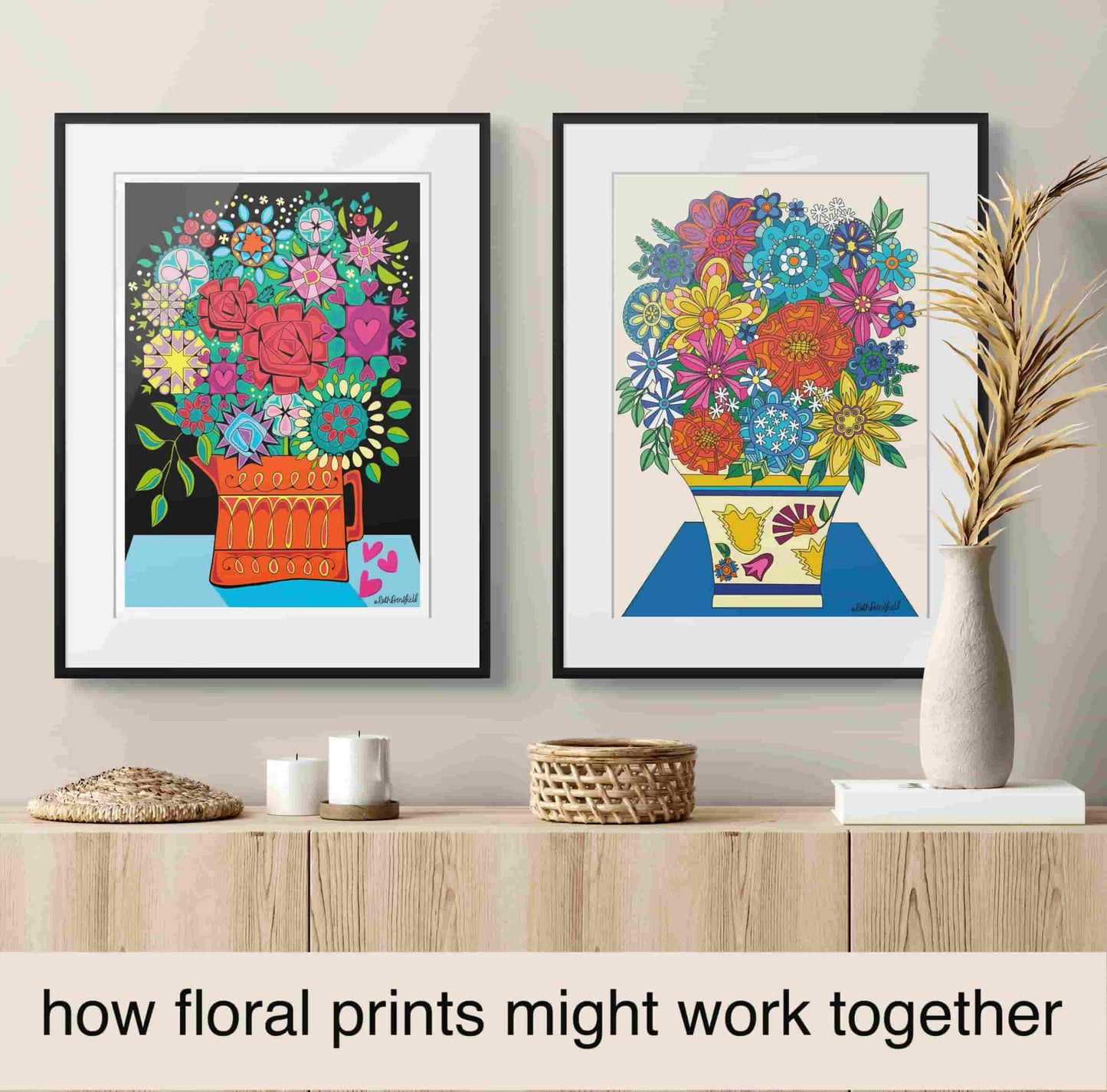 Two colorful floral prints on a wall above a wooden shelf with decorative items.