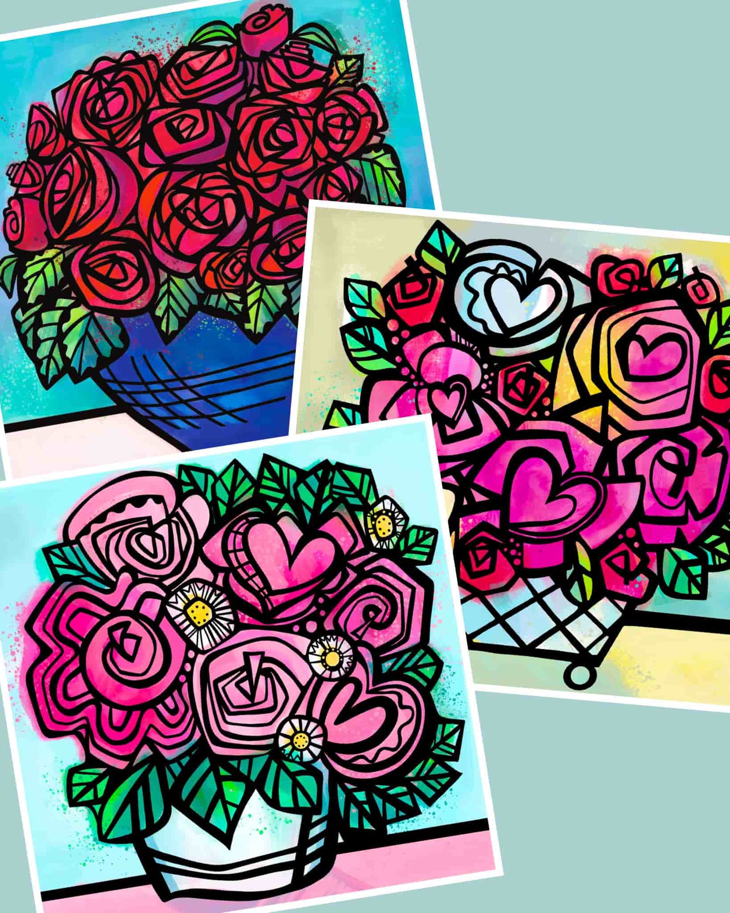 group of three floral limited edition art prints