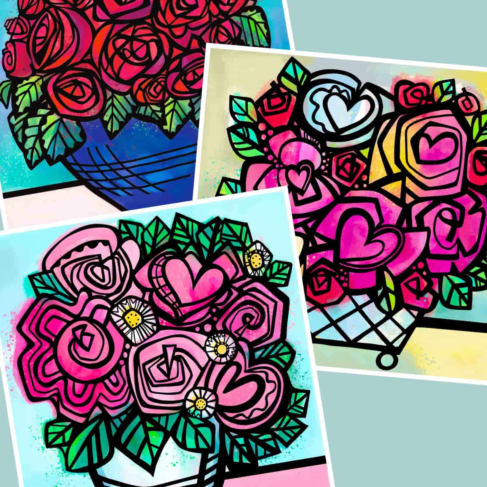 group of three floral limited edition art prints shown unframed . Bright colours with strong black line work inspired by stained glass design . All created from original artwork by Uk Artist Ruth Dronsfield
