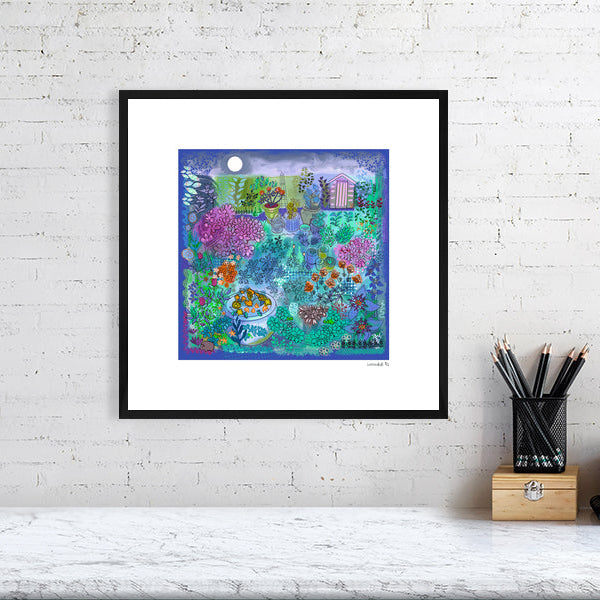 midnight garden fine art print in purples, pinks, and greens with colourful details of shed, plants, moon and hedgehog by Uk artist Ruth Dronsfield
