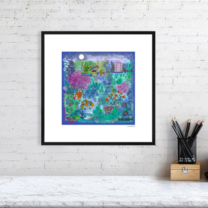 midnight garden fine art print in purples, pinks, and greens with colourful details of shed, plants, moon and hedgehog by Uk artist Ruth Dronsfield