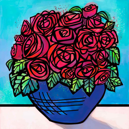 Colorful bouquet of roses in a blue vase against a blue background