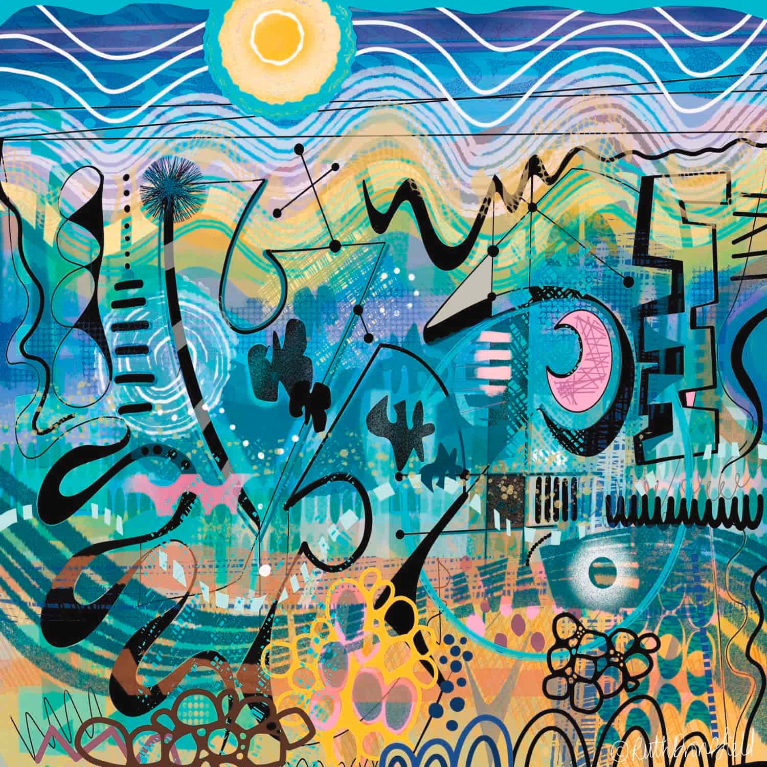 Abstract modern art print featuring vibrant turquoise, teal, and golden tones with bold black linework, geometric shapes, and organic patterns. A radiant sun with flowing wave-like lines crowns the composition, while layered textures and dynamic brushstrokes create movement and energy.”