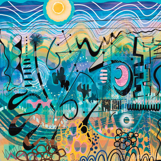 Abstract modern art print featuring vibrant turquoise, teal, and golden tones with bold black linework, geometric shapes, and organic patterns. A radiant sun with flowing wave-like lines crowns the composition, while layered textures and dynamic brushstrokes create movement and energy.”